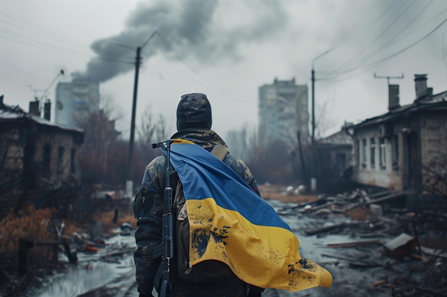 Un hombre está de pie en una colina con vistas a una ciudad con una bandera amarilla y azul