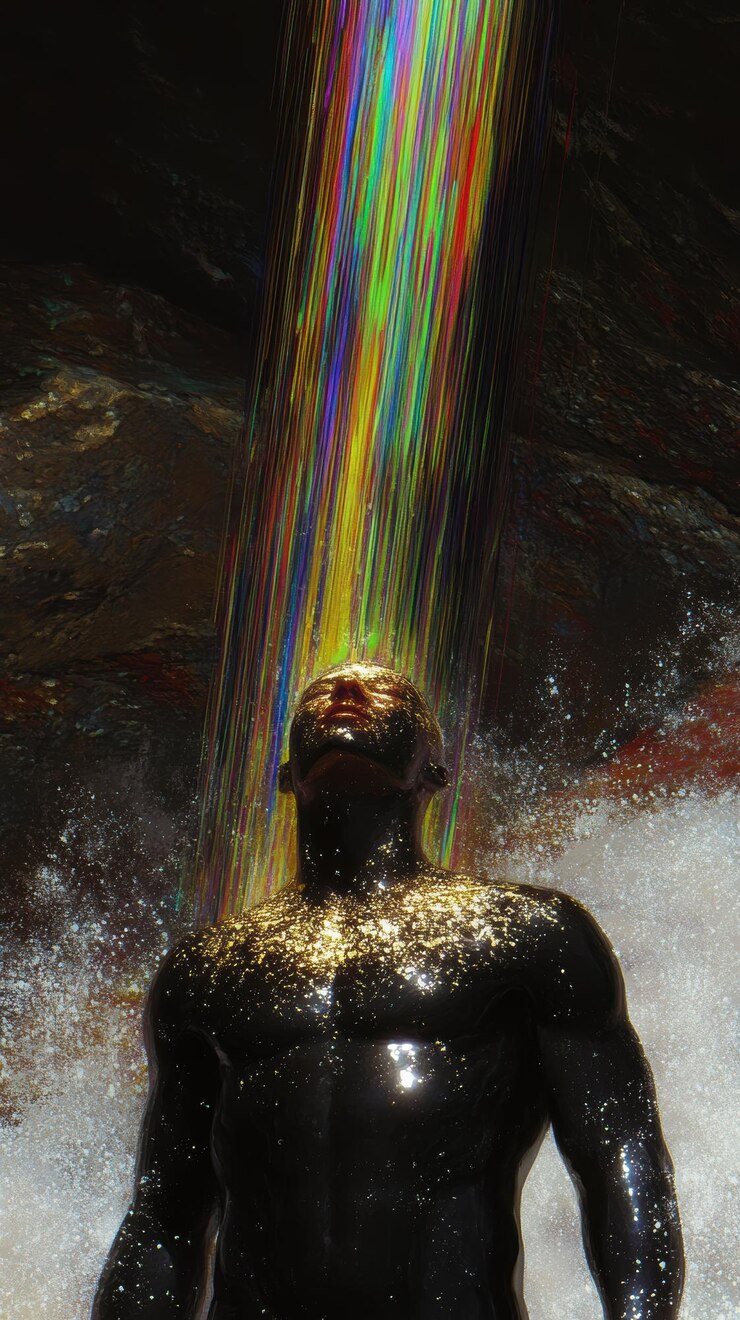 Foto un hombre está de pie en un cuerpo de agua con un haz de luz brillando sobre él