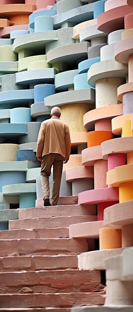 un hombre está de pie en un escalón frente a una pared de barras coloridas
