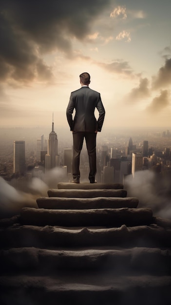 un hombre está de pie en los escalones de un rascacielos con vistas a una ciudad