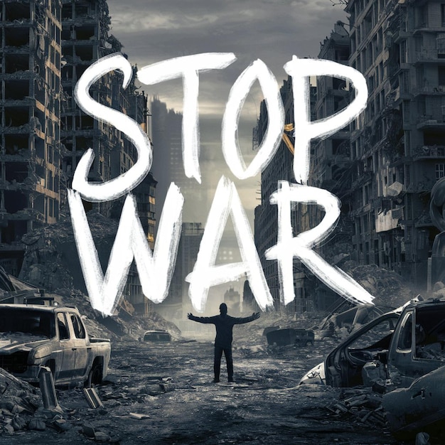 un hombre está de pie frente a una calle de la ciudad destruida con un hombre en un traje y la palabra guerra