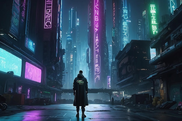 Un hombre está de pie frente a una ciudad con un cartel que dice cyberpunk en él