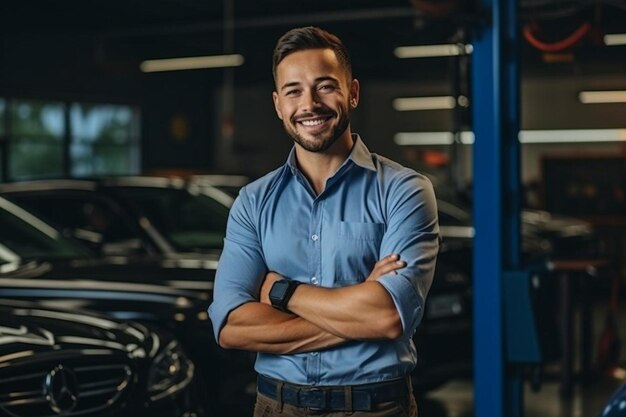 un hombre está de pie frente a un coche con los brazos cruzados