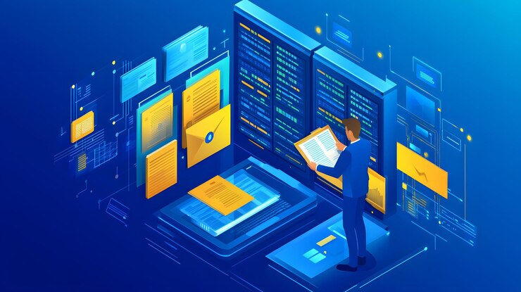 Foto un hombre está de pie frente a una computadora con un monitor que dice escritorio