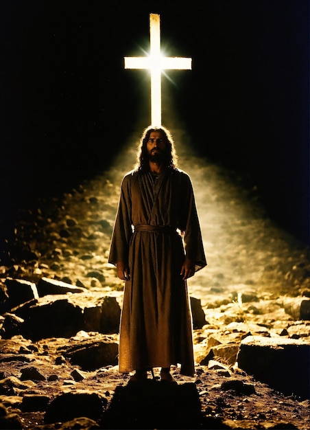 un hombre está de pie frente a una cruz que está iluminada