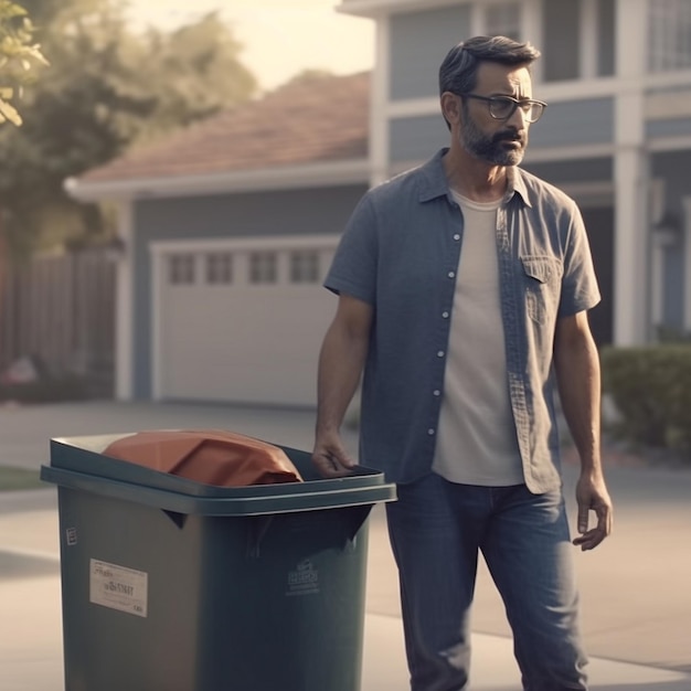un hombre está de pie frente a un cubo de basura con una manta roja en él.