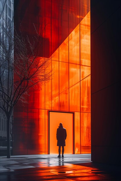 un hombre está de pie frente a un edificio naranja bajo la luz del sol