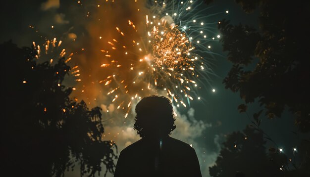 Un hombre está de pie frente a una exhibición de fuegos artificiales