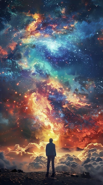 un hombre está de pie frente a una galaxia que tiene las palabras el universo en él