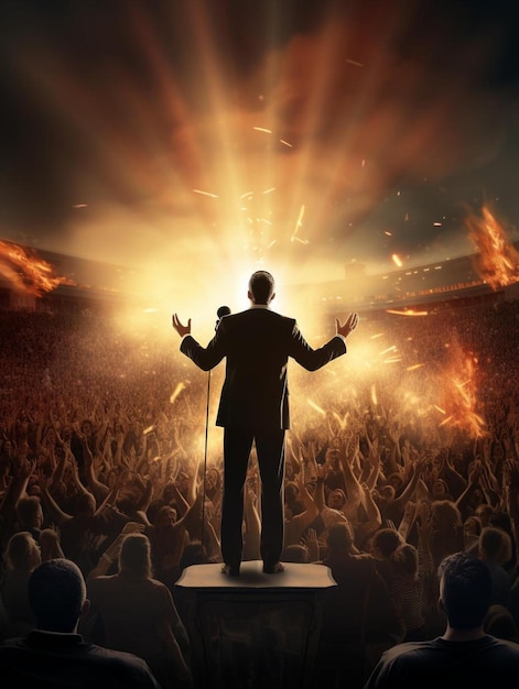 un hombre está de pie frente a una gran audiencia con una gran audiencia en el fondo.