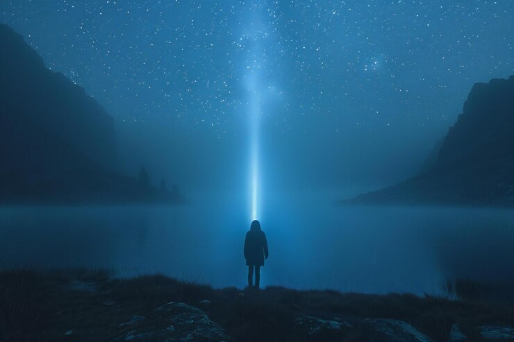 Un hombre está de pie frente a un lago por la noche con un haz de linterna brillando en la distancia estrellas abo