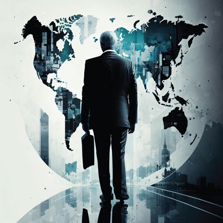 Un hombre está de pie frente a un mapa del mundo.