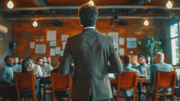 un hombre está de pie frente a una mesa de conferencia con un hombre en un traje y un micrófono delante de él