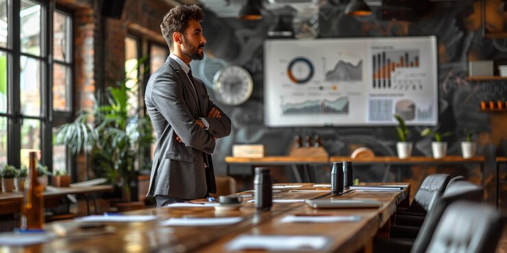 un hombre está de pie frente a una mesa con platos y una foto de un hombre en un traje