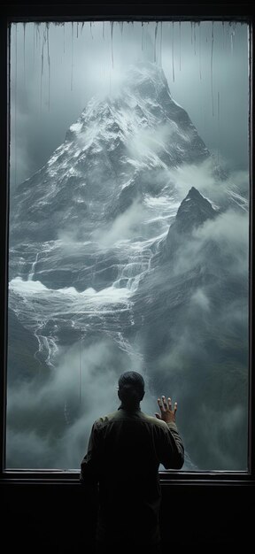 un hombre está de pie frente a una montaña con una foto de un hombre en un traje