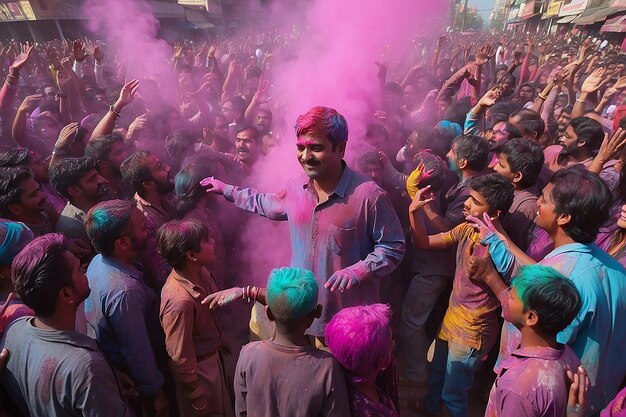 Un hombre está de pie frente a una multitud de personas con un polvo de holi en el aire