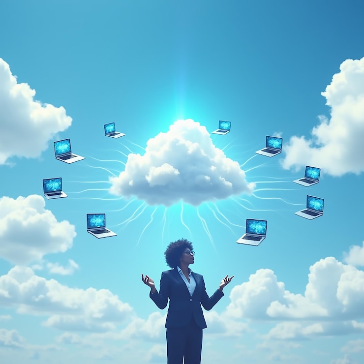 Foto un hombre está de pie frente a una nube con las palabras "computadora" en ella