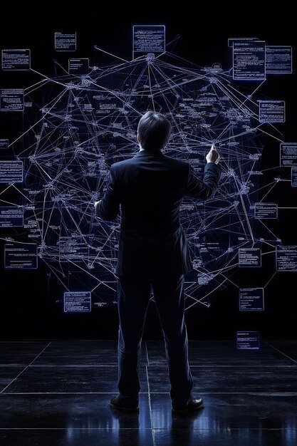 Un hombre está de pie frente a una pantalla de computadora con muchas líneas y números