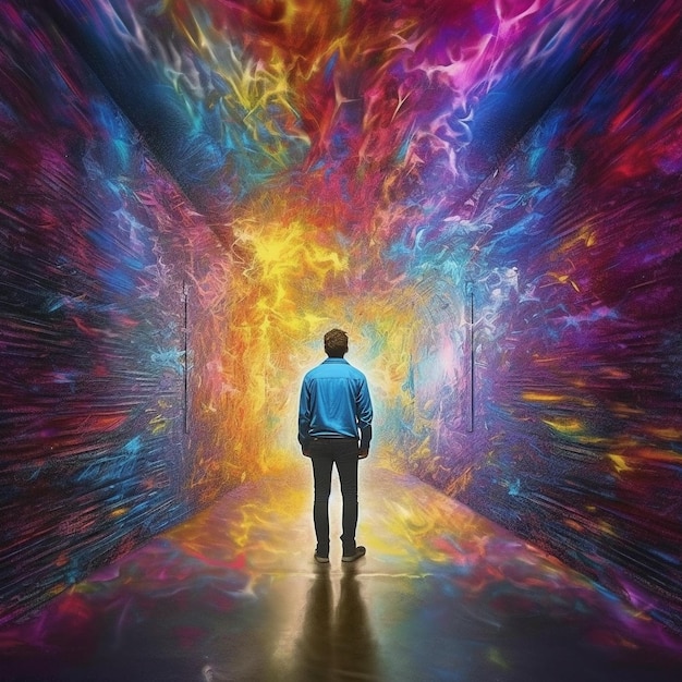 un hombre está de pie frente a una pintura colorida
