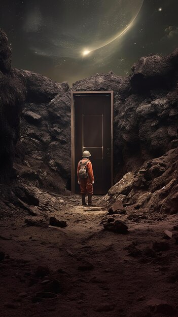 un hombre está de pie frente a una puerta que está abierta a una cueva oscura
