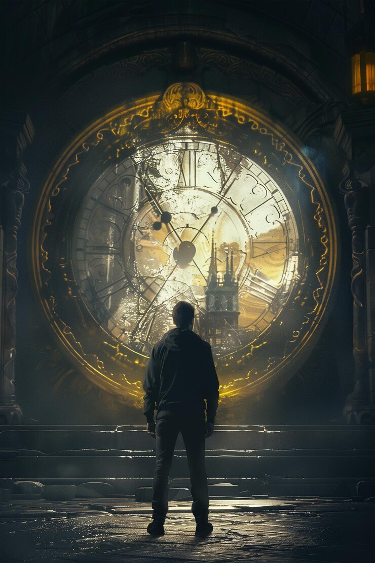 El hombre está de pie frente a un reloj que tiene la palabra la hora en él