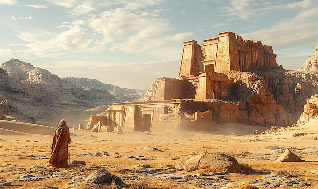 un hombre está de pie frente a un templo en el desierto