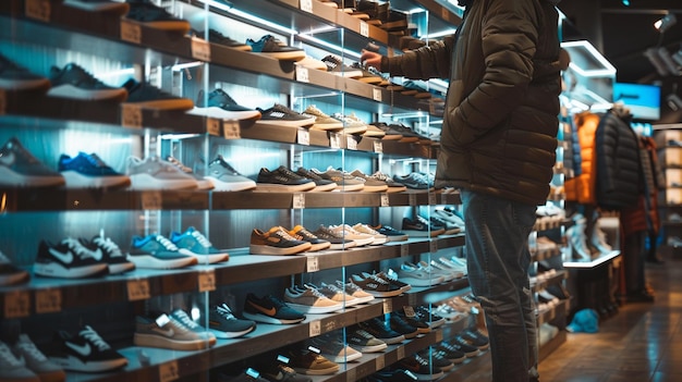 un hombre está de pie frente a una tienda con muchos zapatos en exhibición