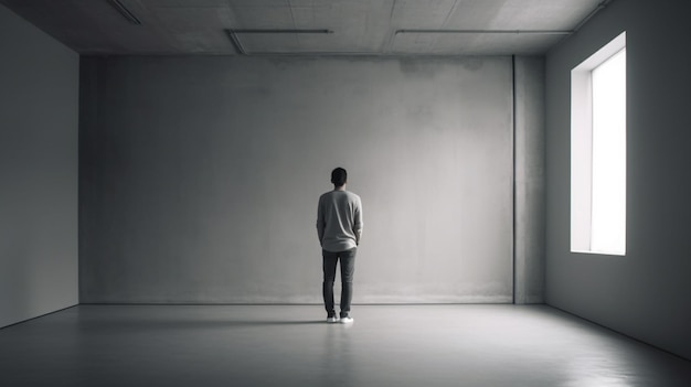 Un hombre está de pie en una habitación oscura con una gran luz en la pared.