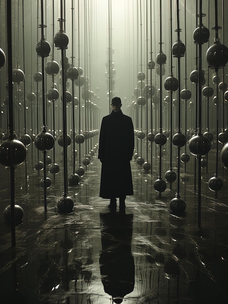un hombre está de pie en una habitación oscura con muchas bolas en el medio de ella