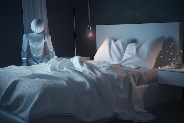 Un hombre está de pie junto a una cama con una almohada encima y una lámpara que dice "duerme".