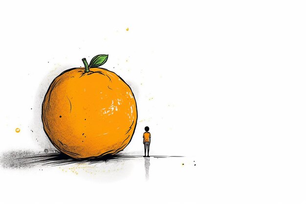 Un hombre está de pie junto a una naranja gigante.