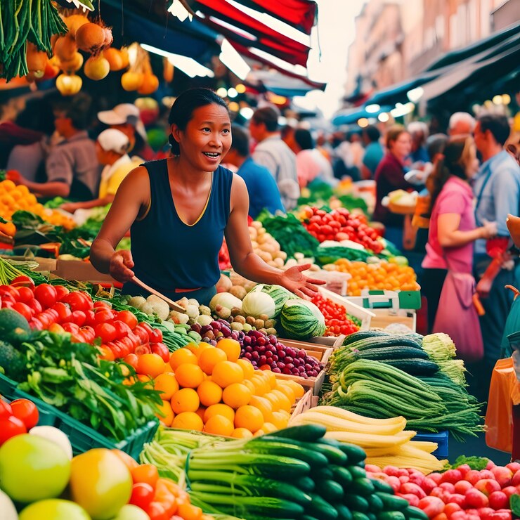 un hombre está de pie en un mercado con una variedad de verduras