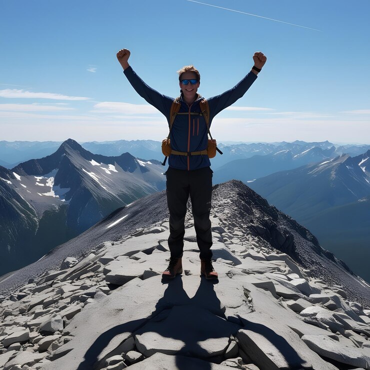 un hombre está de pie en una montaña con los brazos levantados