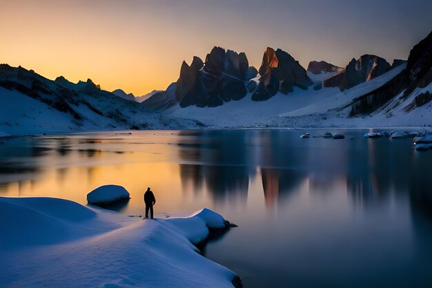 un hombre está de pie en una montaña nevada con vistas a un lago al atardecer.