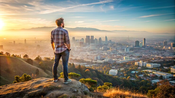 un hombre está de pie en una montaña con vistas a una ciudad y una ciudad