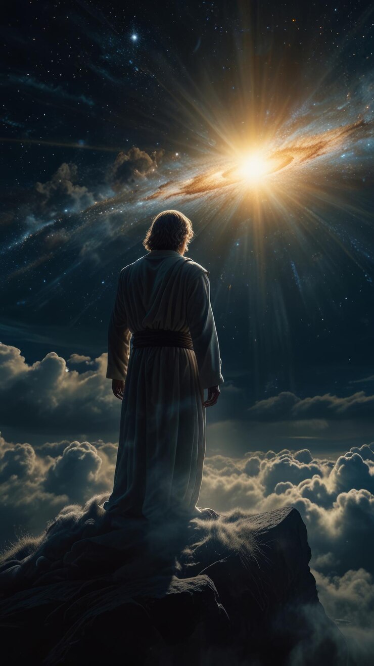 Foto un hombre está de pie en una nube con la estrella en el cielo