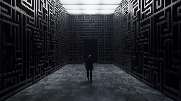 Un hombre está de pie en un pasillo oscuro con un laberinto
