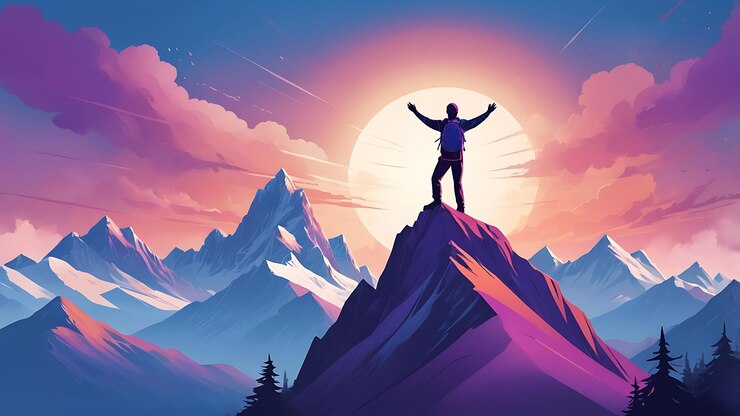 un hombre está de pie en un pico de la montaña con el sol poniéndose detrás de él