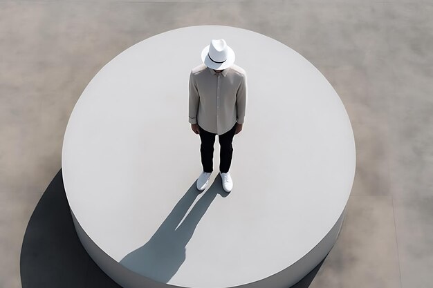 Un hombre está de pie en una plataforma redonda con un sombrero blanco y una camisa blanca.