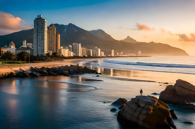 Un hombre está de pie en una playa frente al horizonte de la ciudad.