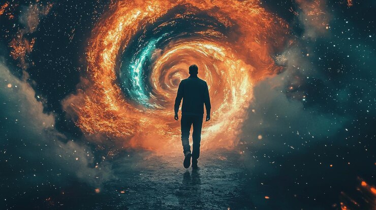 Foto el hombre está de pie en un portal de fuego en un cielo nocturno surrealista