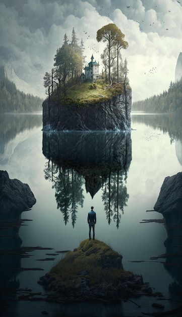 Un hombre está de pie sobre una roca frente a un lago con un bosque y una casa en él.
