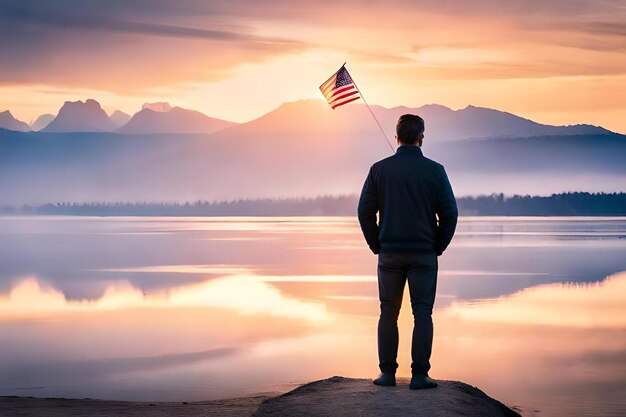 Un hombre está de pie sobre una roca con vistas a un lago con una bandera americana en el fondo.