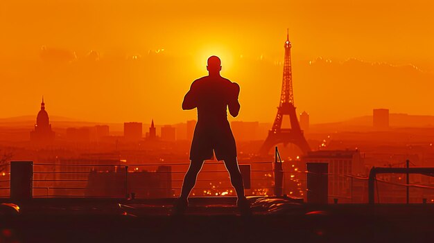 Un hombre está de pie en un techo frente a la Torre Eiffel