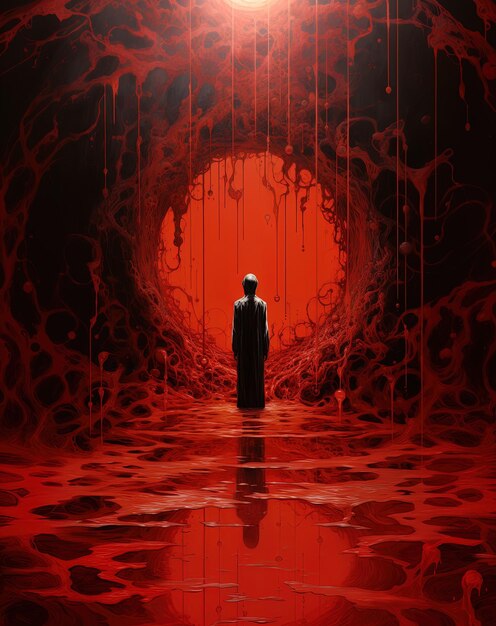 un hombre está de pie en un túnel oscuro con un fondo rojo y una luz roja detrás de él