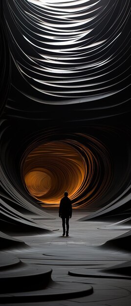un hombre está de pie en un túnel oscuro con un hombre de pie delante de él