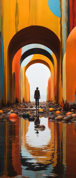 un hombre está de pie en un túnel con un reflejo de un hombre en el agua