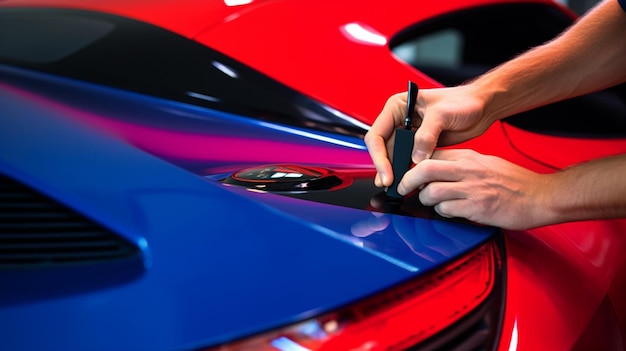 Un hombre está pintando un auto azul con una gorra negra.