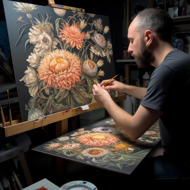 Un hombre está pintando una flor en un lienzo.