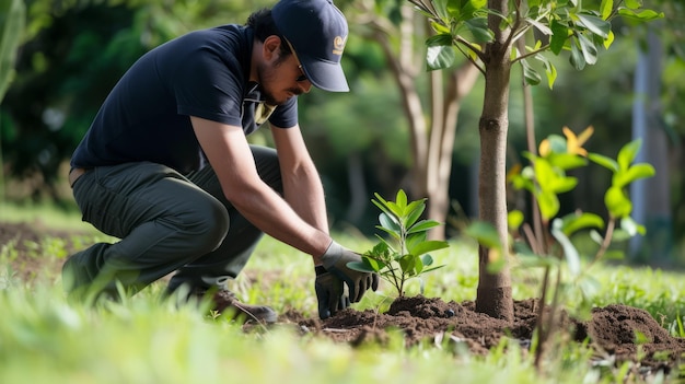 Un hombre está plantando un árbol en un parque